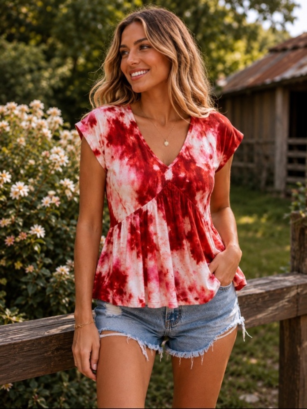 Misslook Red Pink Tie Dye V-Neck Peplum Top Size S Short Sleeve
